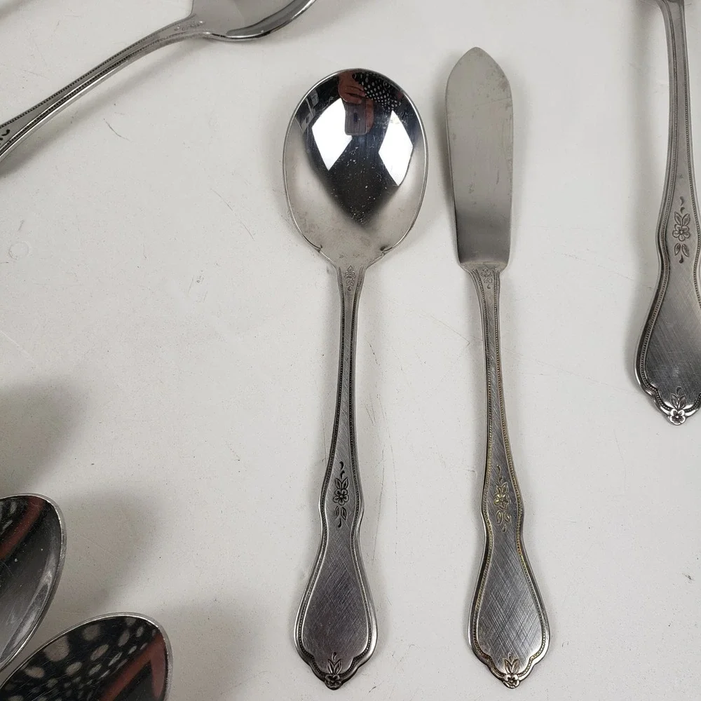 Oneida Profile Stainless Morning Blossom 47pc Floral Flatware Set With Serving